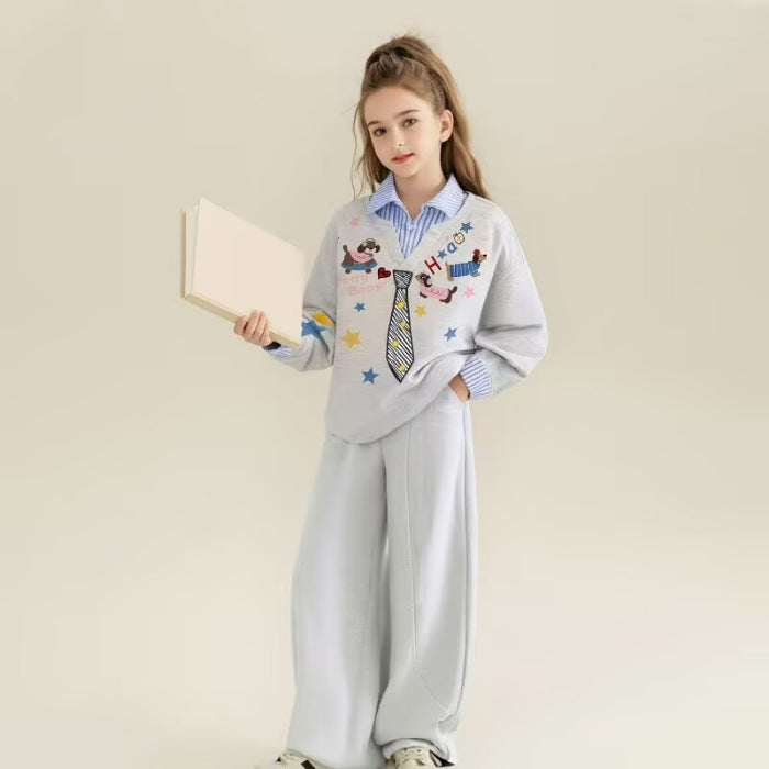 Girls Cartoon Sweater Shirt Two-Piece Set – Cozy Kids Outfit Nepal | Tudoholic