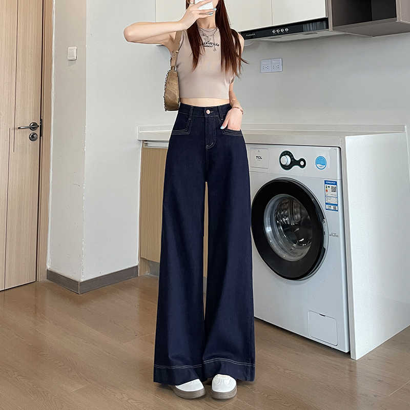 Dark Blue High-Waist Stretch Denim Pants