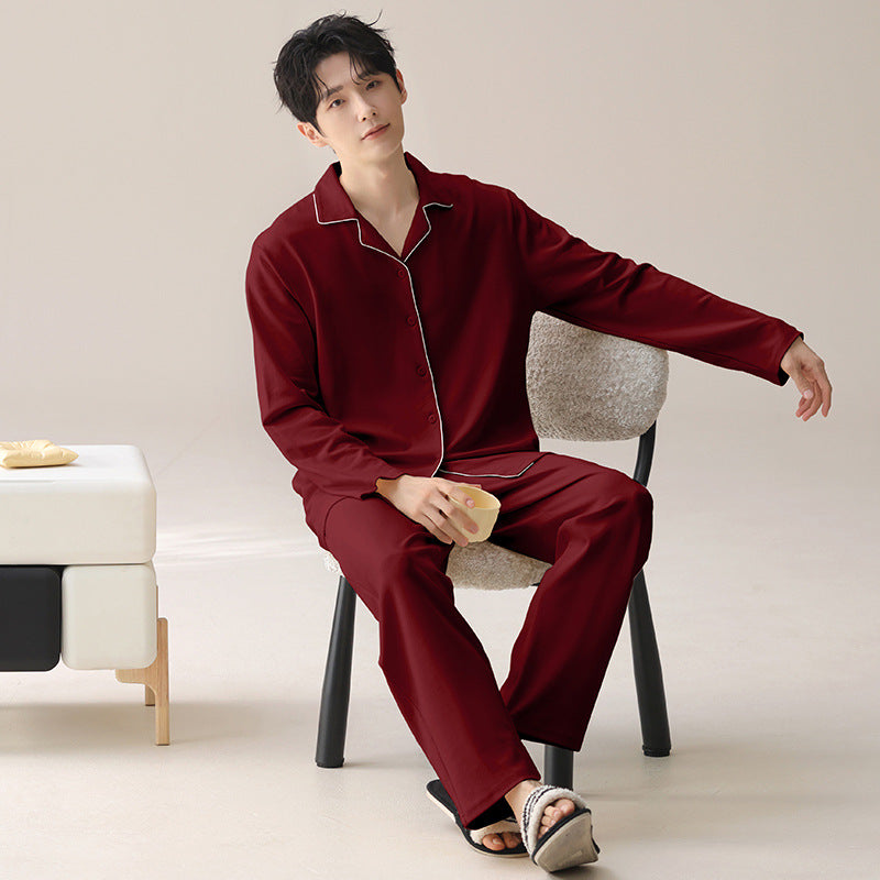 Men’s Cotton Pajama Set Lapel Cardigan Long Sleeve Trousers