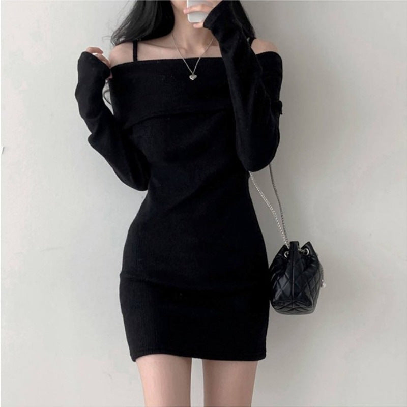 One Shoulder Knitted Slim Fit Inner Dress for Autumn Winters