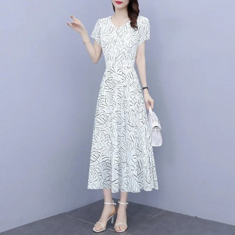 STOCK-Floral Chiffon Slimming Long Dress