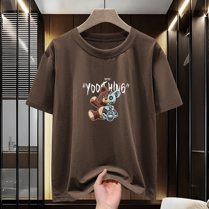 Men's Pure Cotton Machine Bear Print Crew Neck Short Sleeve