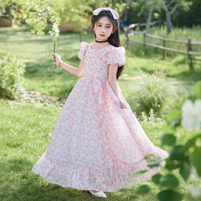 Girls Summer Floral Chiffon Dress Sweet Beach Style Skirt