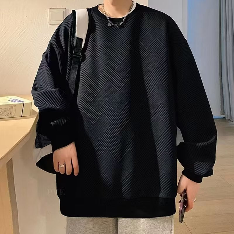 Men’s Waffle Knit Sweatshirt – Loose Retro Round Neck