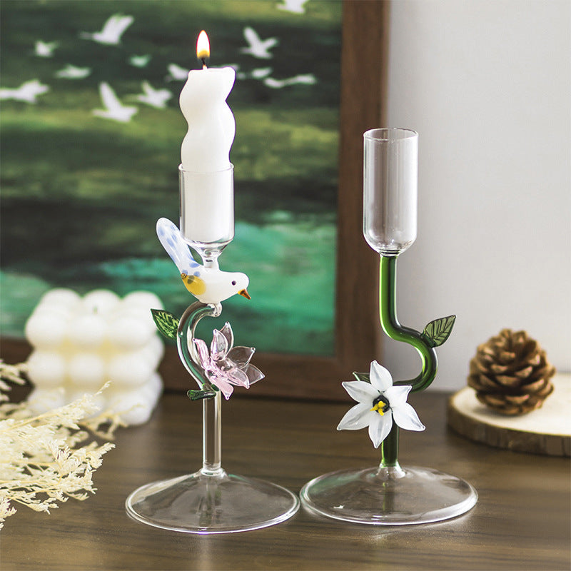Creative Glass Candle Holder Pink Flower & Bird Luxury