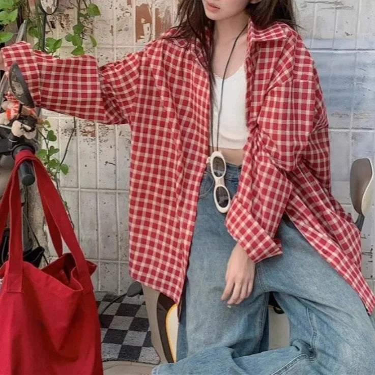 STOCK-Vintage Red Plaid Long-Sleeved Shirt for Women