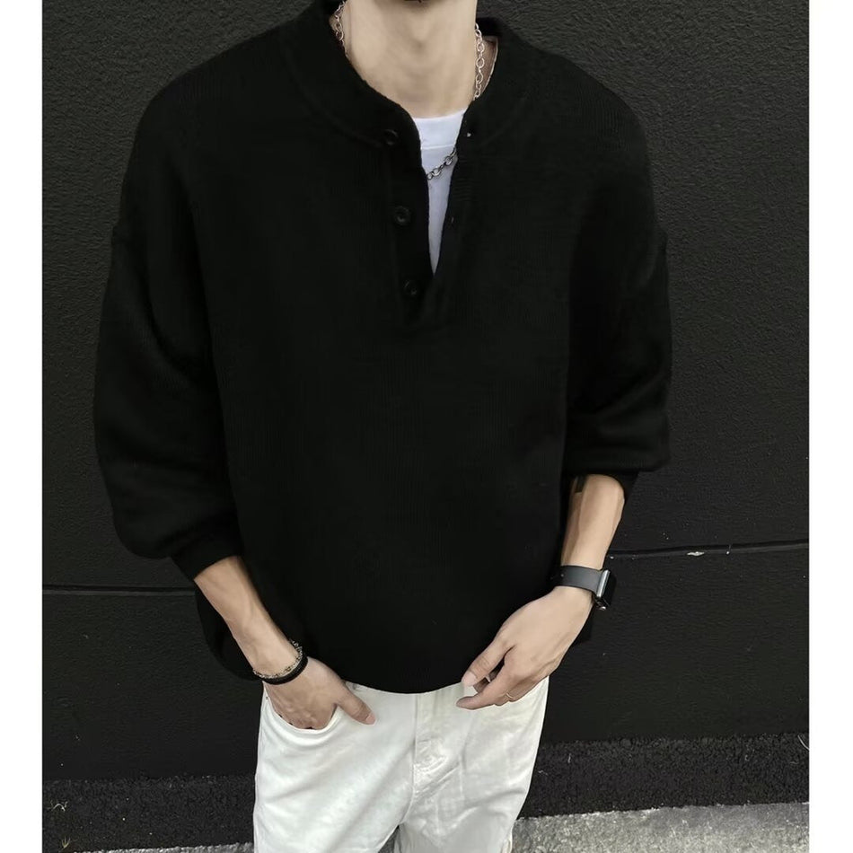 Men’s Henley Collar Sweater – American Casual Autumn Style