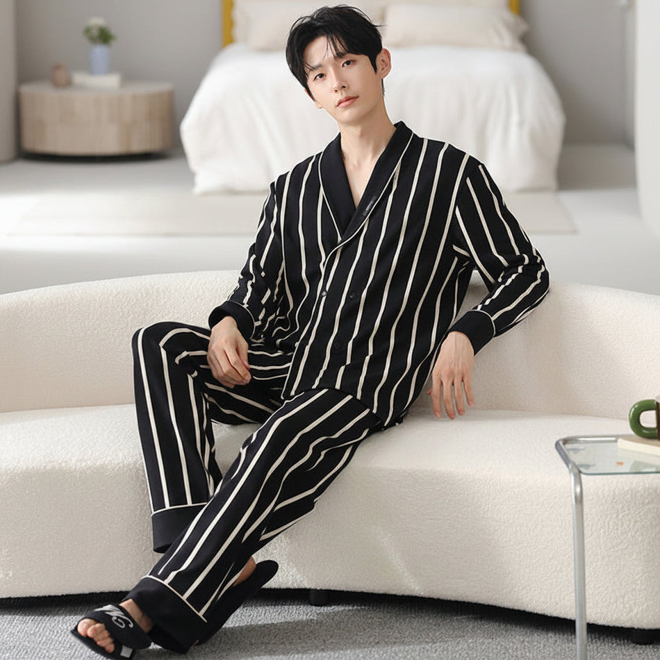 Men’s Stretch Cotton Pajama Set Lapel Cardigan Long Sleeve