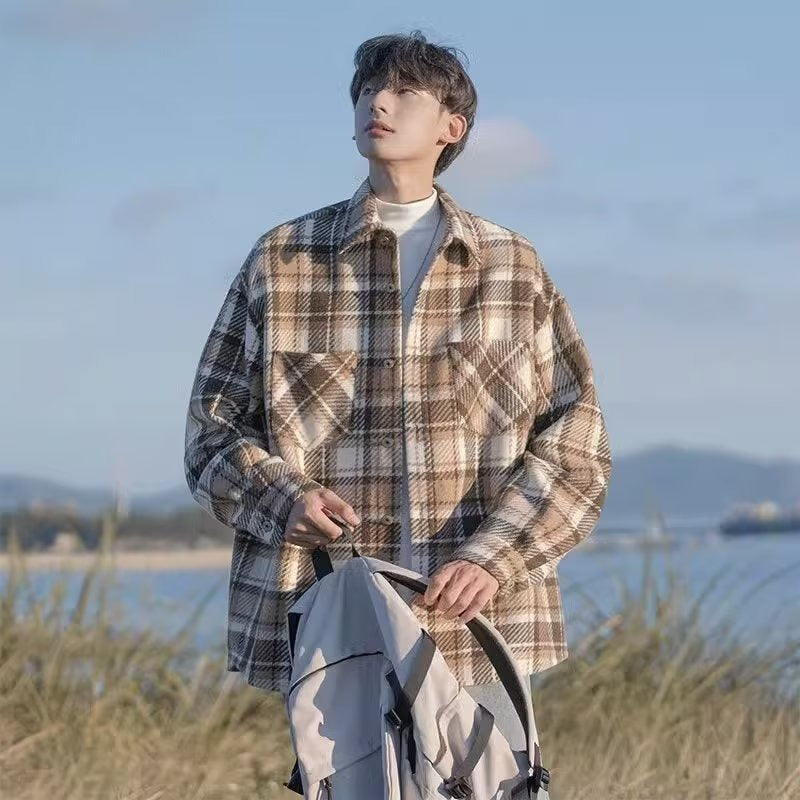 Men’s Woolen Plaid Japanese-Style Overshirt Jacket