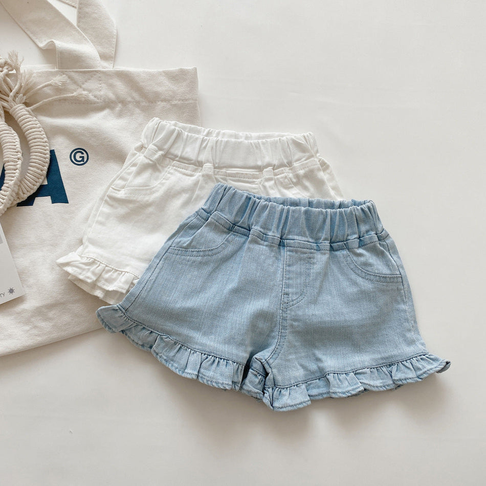 Girls Summer Denim Shorts Cute Wooden Ear Style Kids Wear