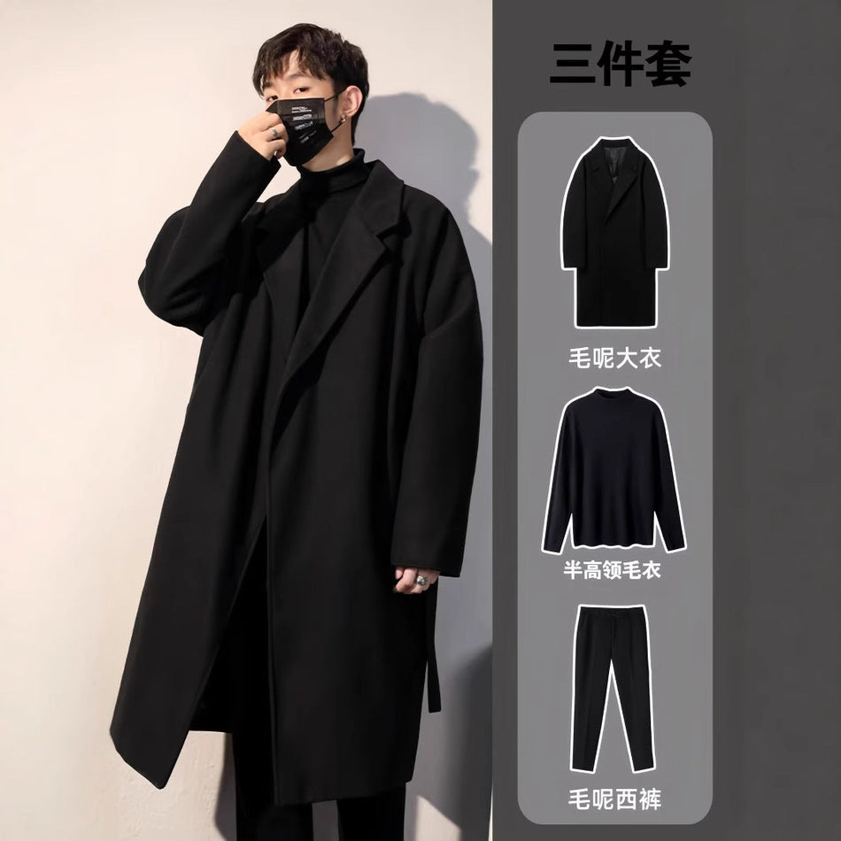 Men’s Mid-Length Woolen Coat – Korean British Style