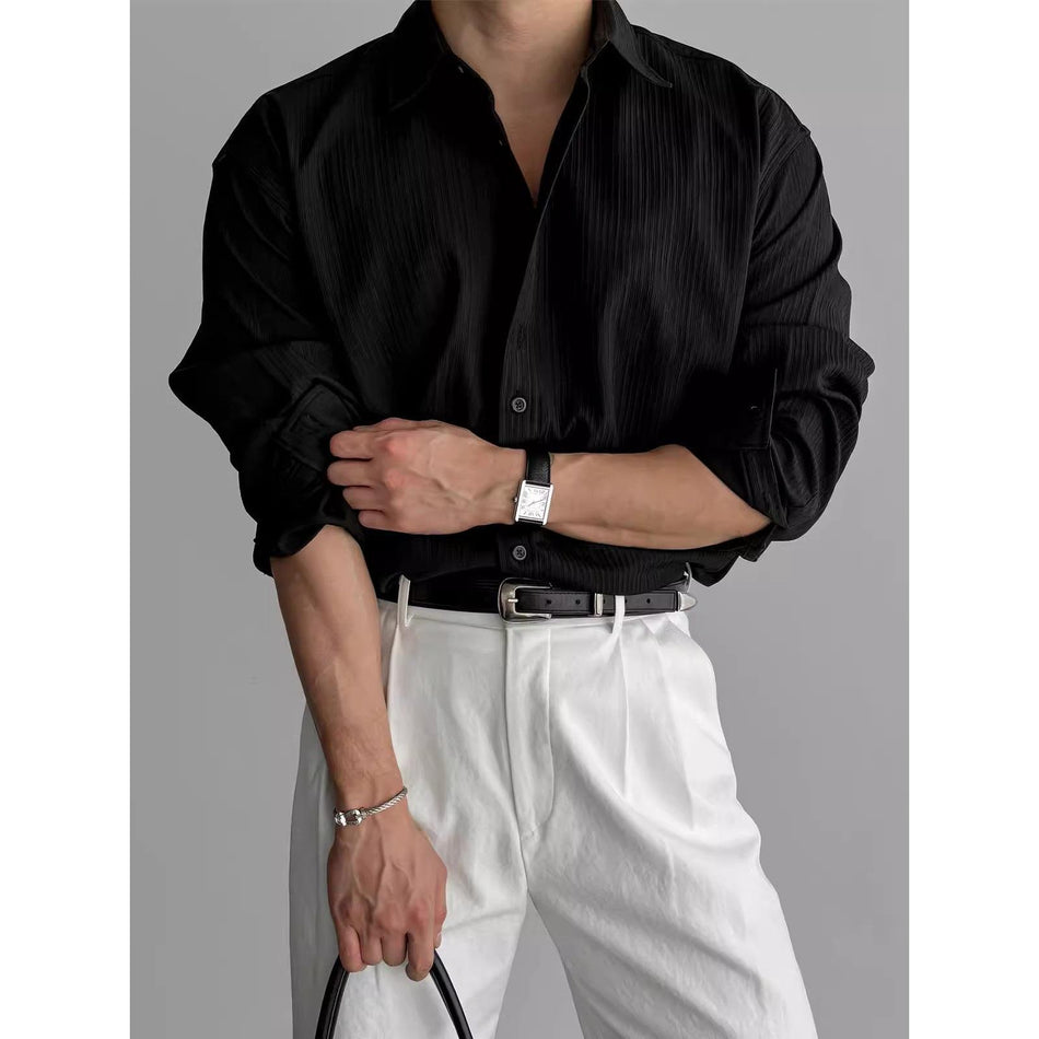 Men's Black Long-Sleeve Non-Iron Vertical Stripe Shirt