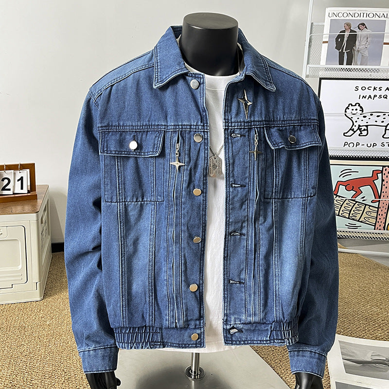 Men's Short Distressed Denim Jacket American Casual Zip