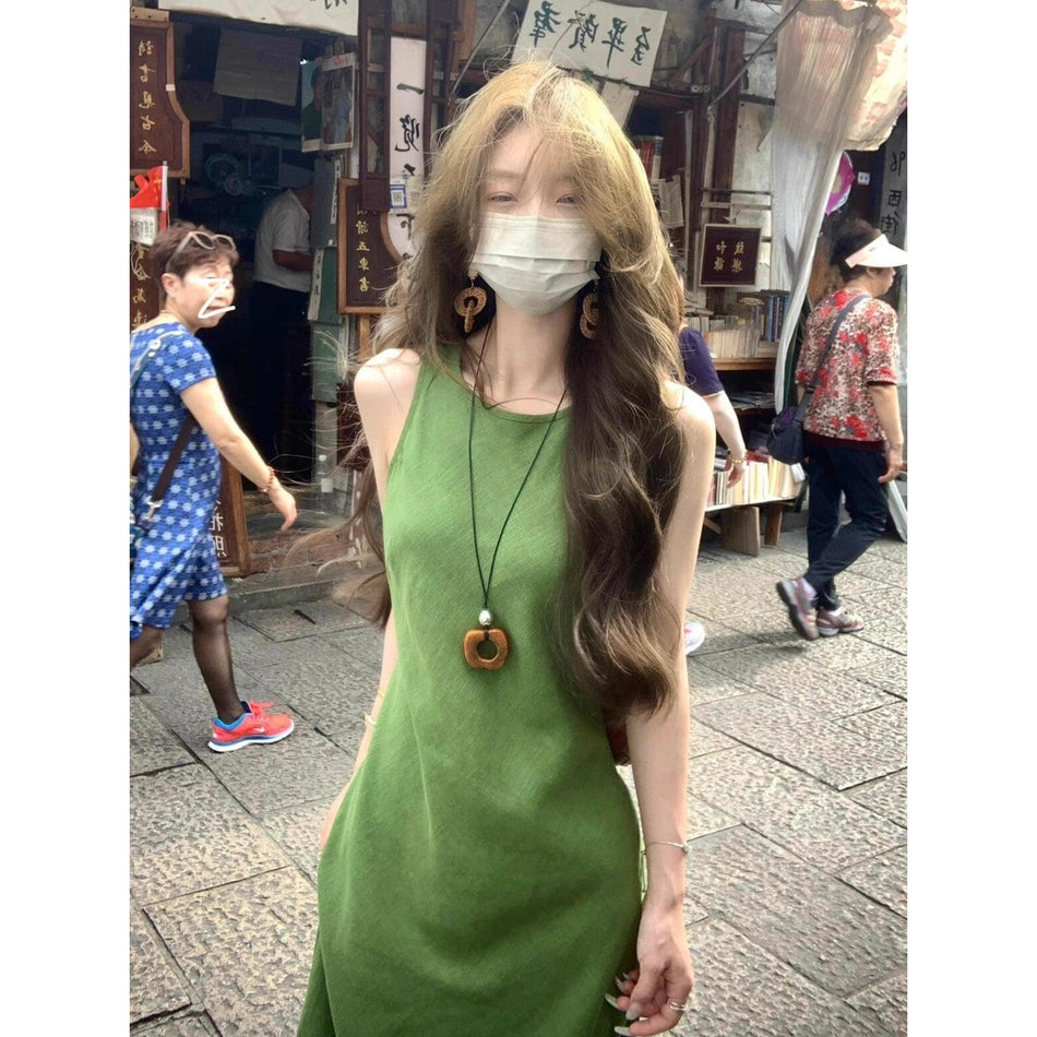 French Retro Green Camisole Summer Long Dress