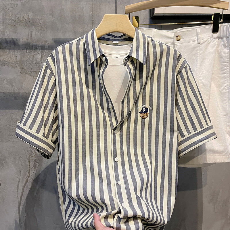 STOCK-Men’s Embroidered Striped Shirt – Stylish Casual Button-Up