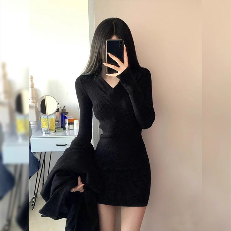 V Neck Black Knitted Fleece Lined Short Dress Women