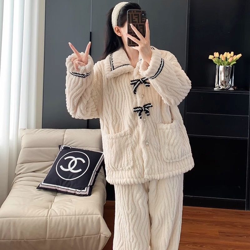 2026 Coral Fleece Pajamas Women Winter Warm Bow Cardigan Set