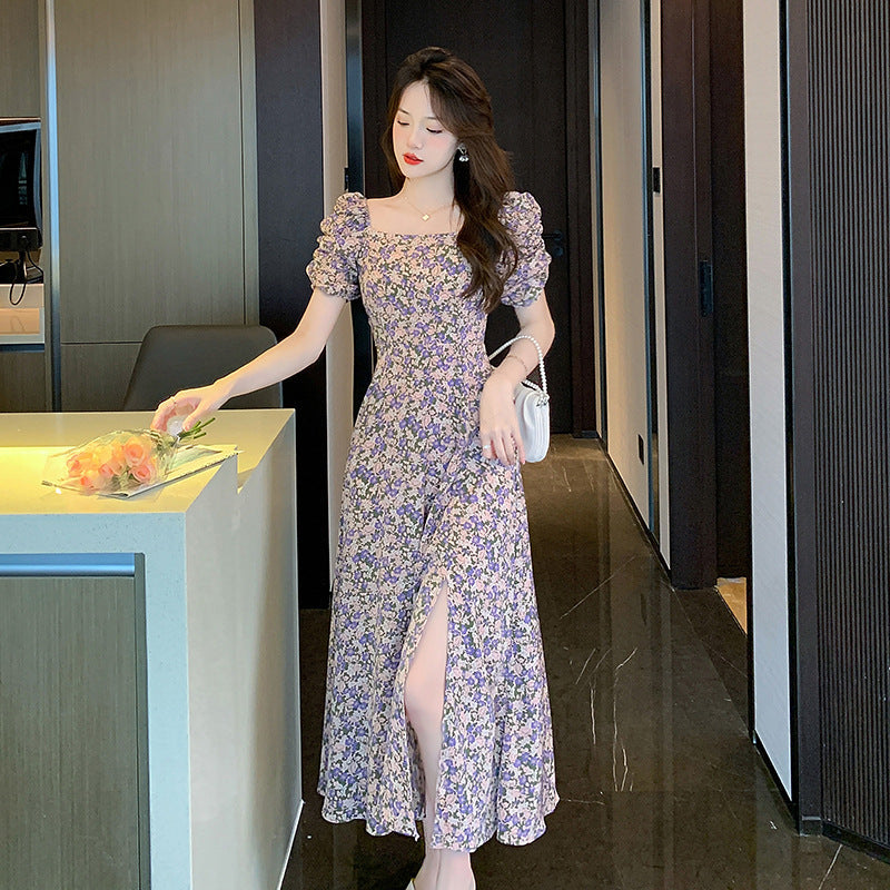 French Square Neck Floral A-Line Dress