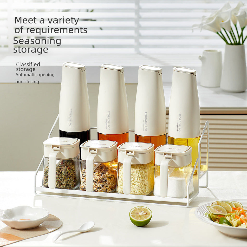 Glass Spice Jar Rack Set – Metal Kitchen Shelf with Oil Dispenser
