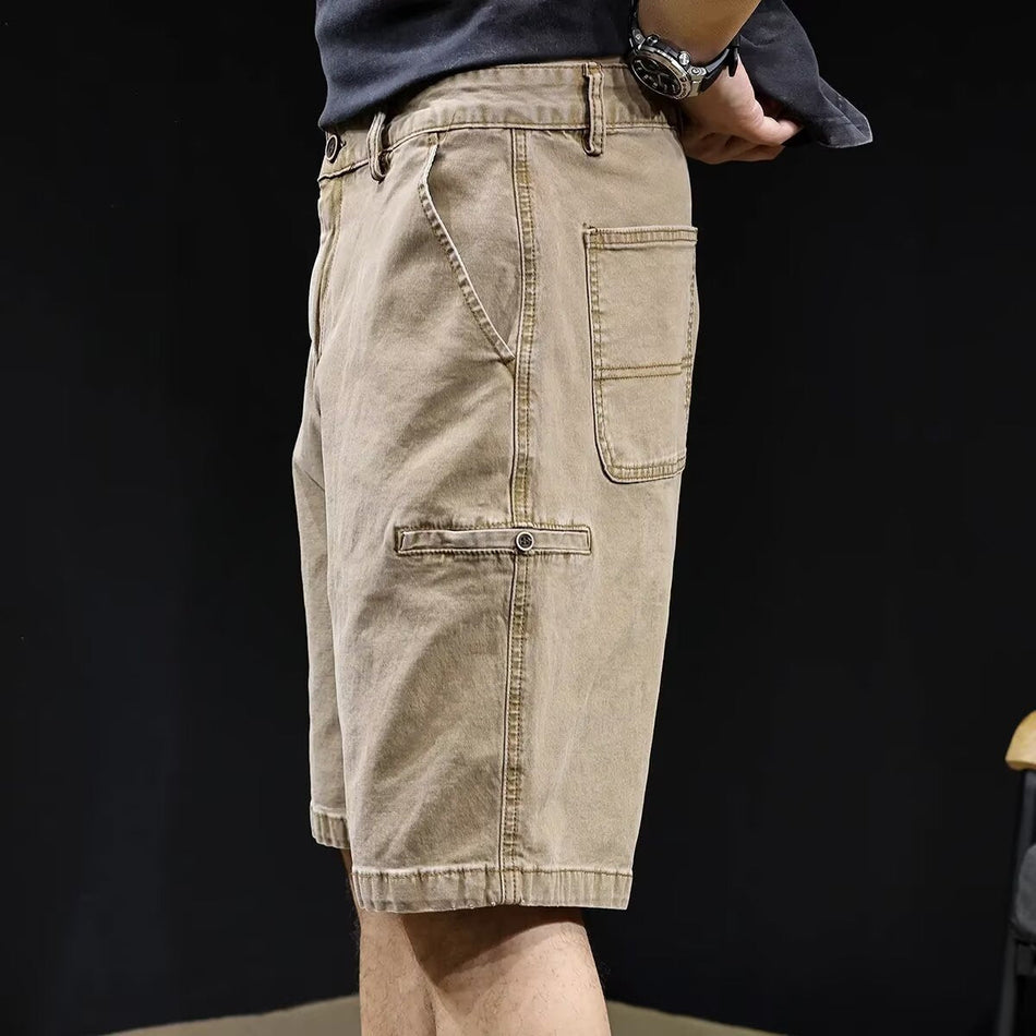 STOCK-Khaki Cargo Denim Knee-Length Shorts for Men