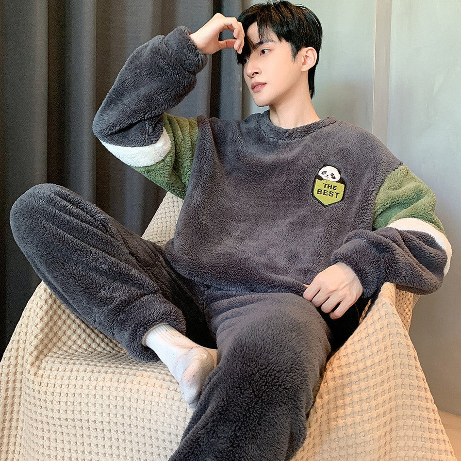 Men’s Coral Fleece Pajamas Winter Crewneck Warm Suit