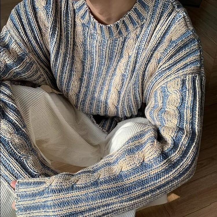 Men's Retro Striped Crew-Neck Sweater – Casual Knit Pullover