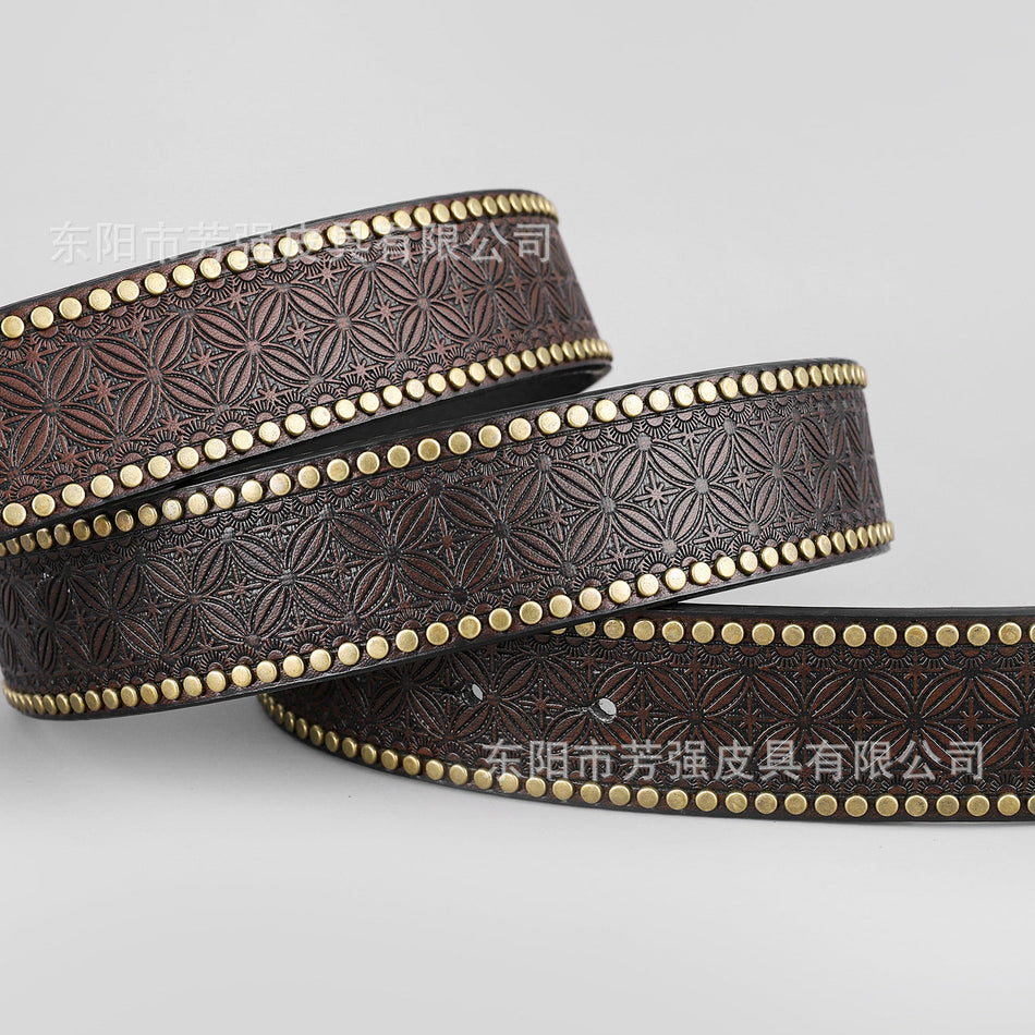 Western Mongolian Denim Belt – Rivet Detail Men’s