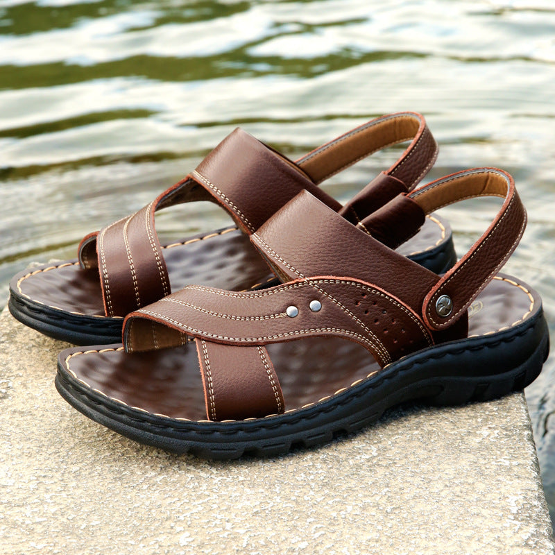 Men's Cowhide Sandals Thick Sole Casual Beach Shoes