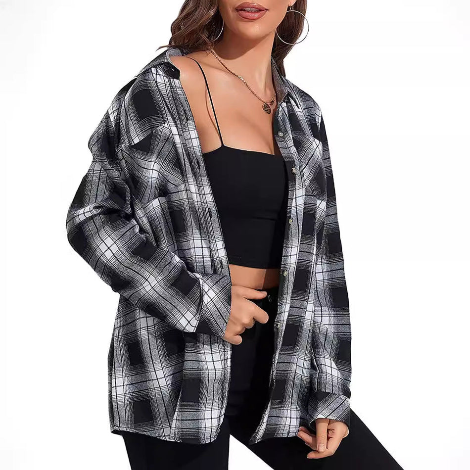 Autumn Winter New Flannel Long Plaid Casual Top Shirt