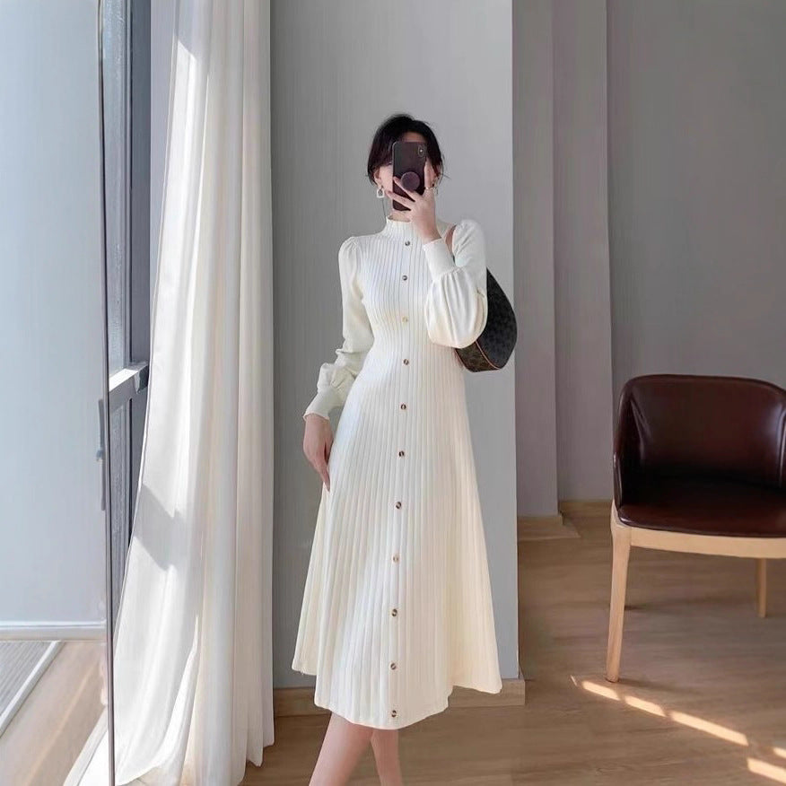 STOCK-Half-High Collar Korean Style Knitted Sweater Dress