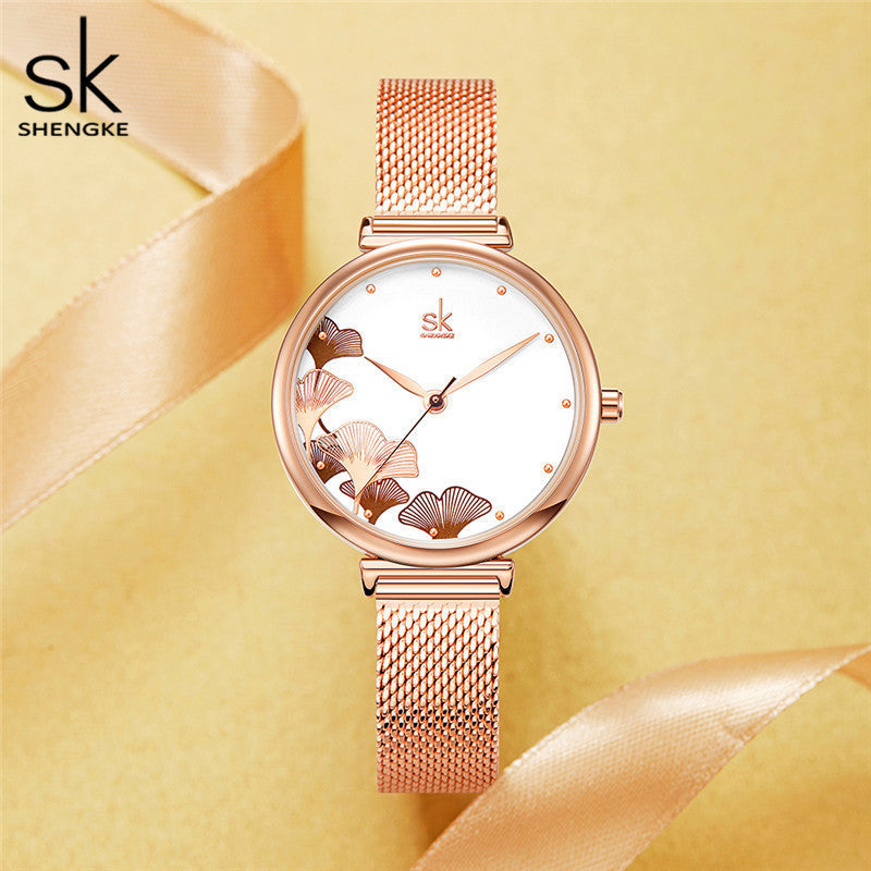 Women’s Ginkgo Leaf Quartz Watch – Steel Mesh Waterproof