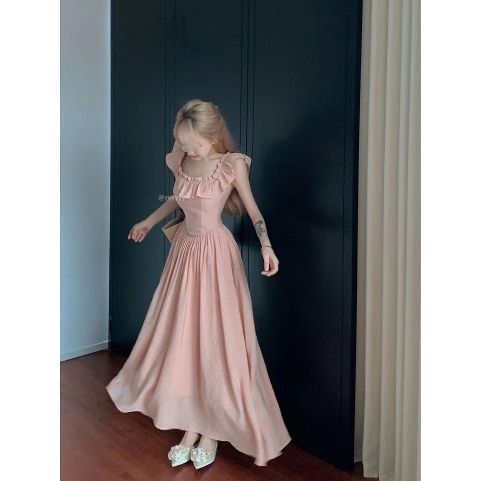 STOCK-Pink Ruffled Square Collar Dress – Elegant & Chic Women's