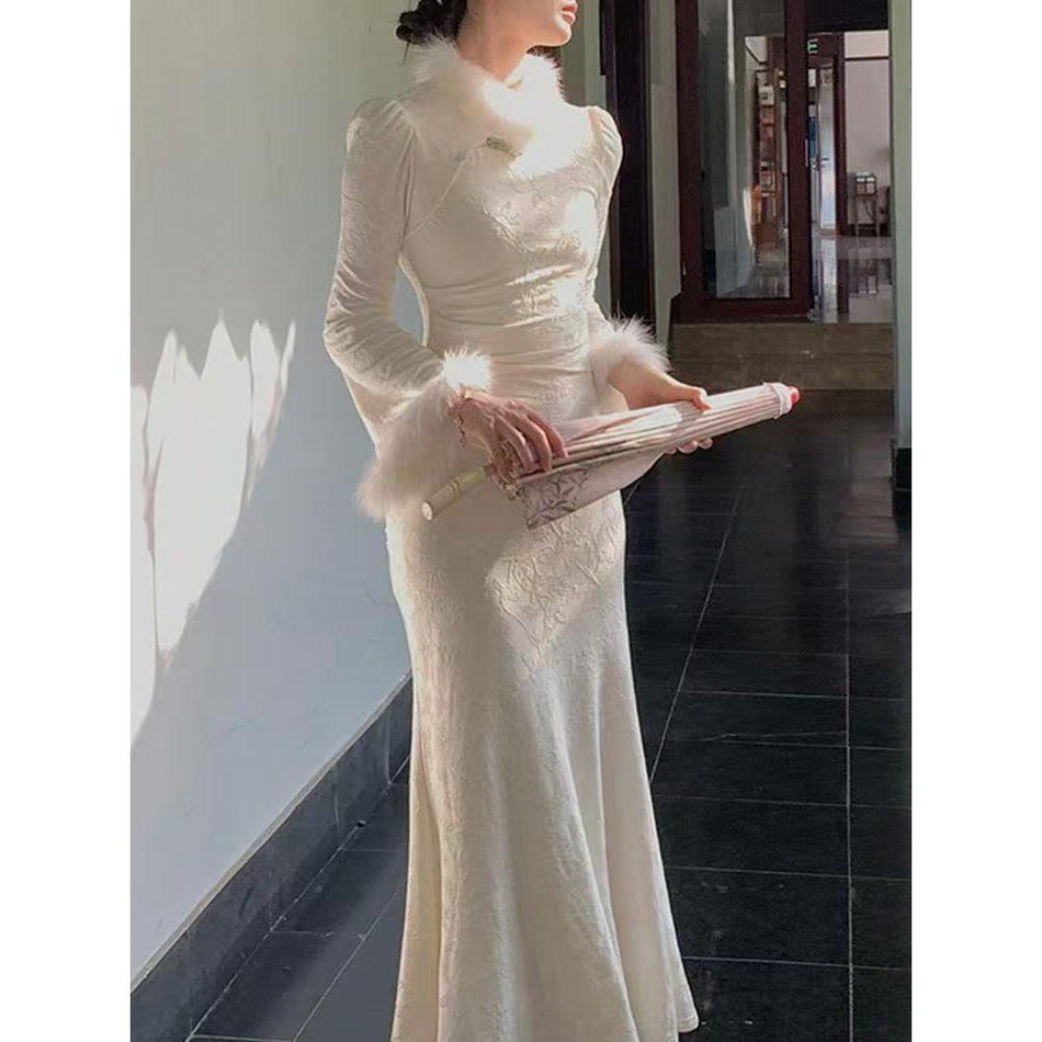 Fur Collar Cheongsam Fishtail Dress Slim Fit Elegant Aura V2