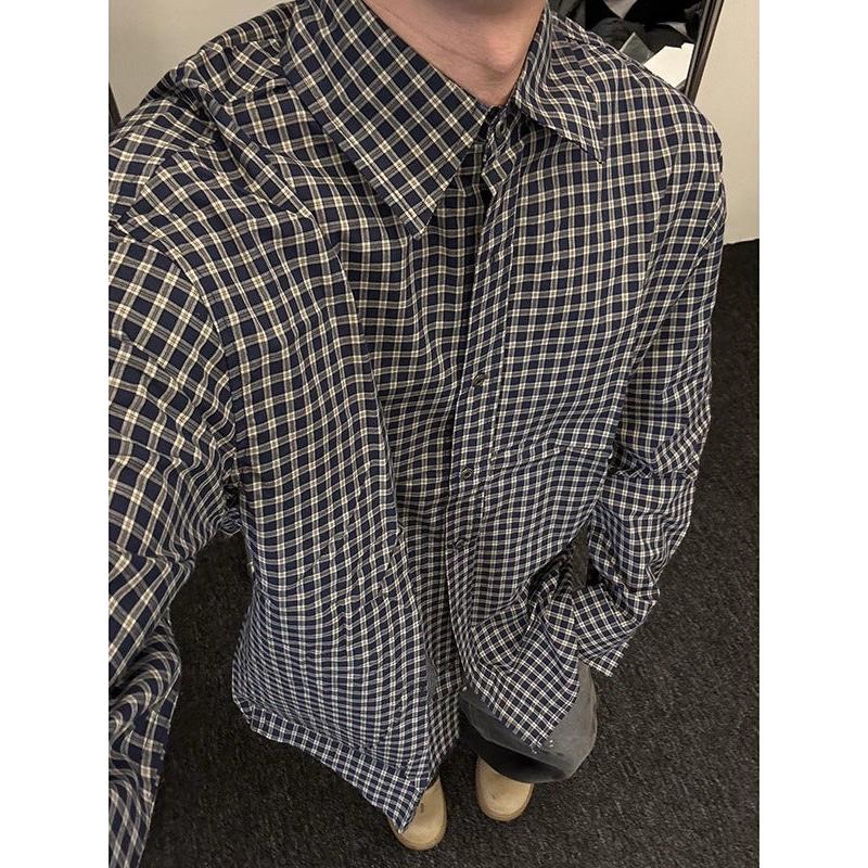 Men’s Black & White Plaid Shirt – Spring & Fall Retro Lapel