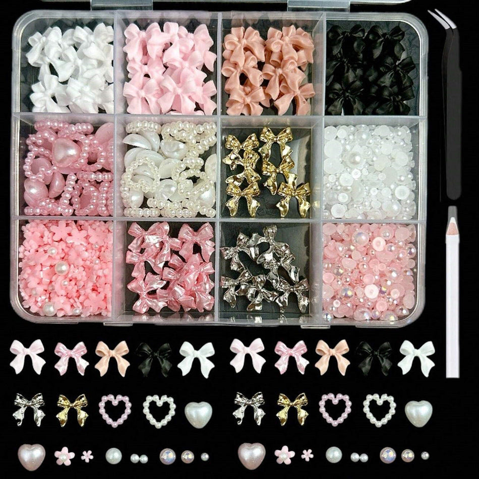 Ribbon & Butterfly Nail Jewelry Set – Alloy Pearl Love Box