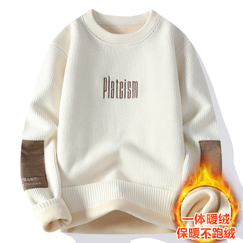 Fleece-Lined Thickened Crewneck Sweater Men Loose Warm Top