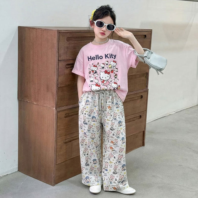 Girls Cat Print T-Shirt & Wide Leg Pants Set – Cute Kids Fashion Nepal | Tudoholic