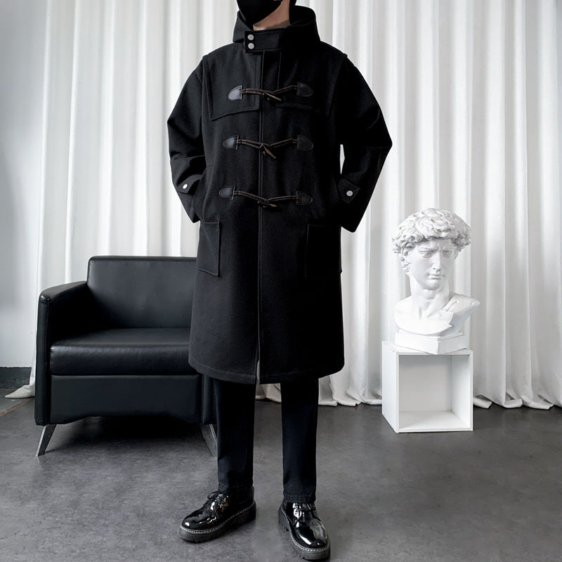 STOCK-Men’s Woolen Hooded Coat – Mid-Length Horn Button