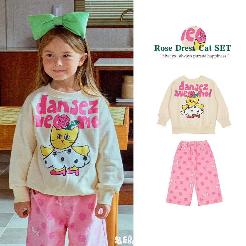 Kids Cartoon Cat Winter Sweatshirt & Pants Set