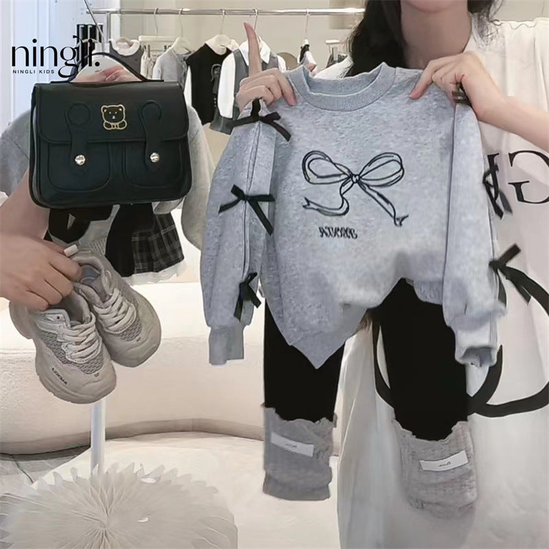 STOCK-Girls’ Autumn Bow Sweatshirt 2025 Casual Top