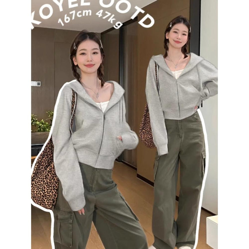Gray Short Hooded Zipper Sweatshirt Slim Fit Korean Jacket