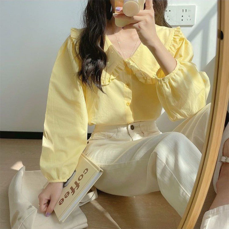 Creamy Yellow Retro Doll Collar Shirt – French Spring Long Sleeve