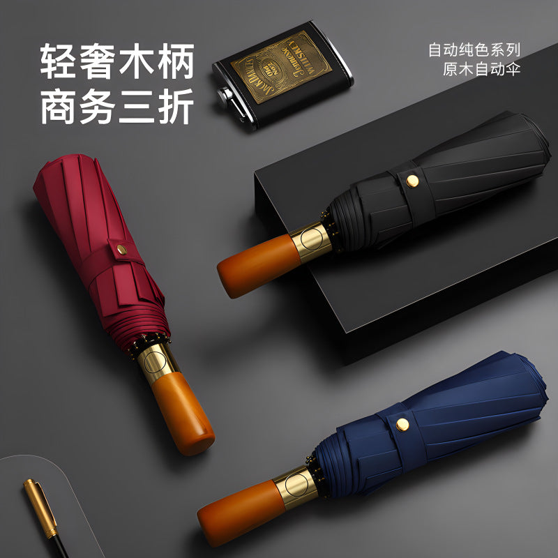 One-Click Automatic 12-Bone Bronze Handle Umbrella – Durable