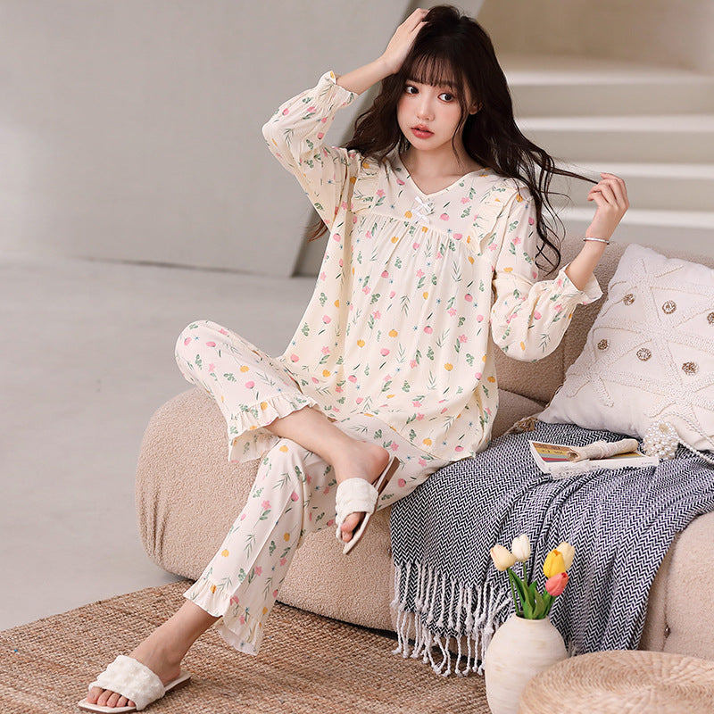 Yi Ni Cotton Silk Pajama Set – V-Neck Long Sleeve Homewear