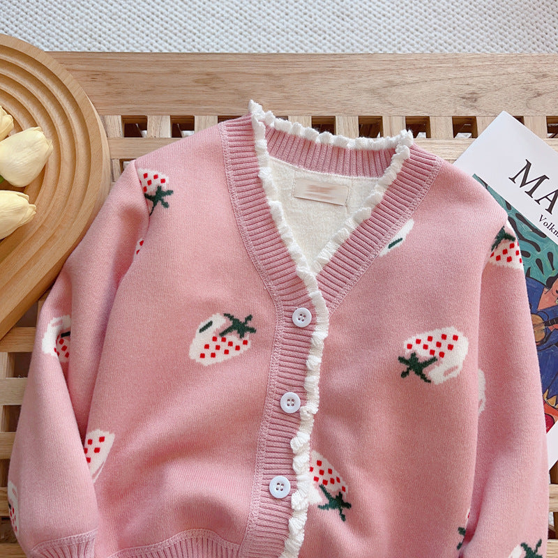 Girls’ Velvet Thickened V-Neck Cardigan Sweater