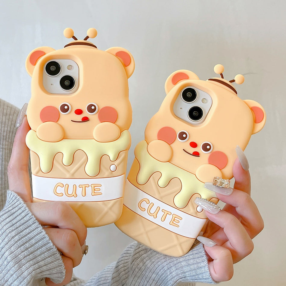 Cute Cream Bear iPhone Case (11–15) Soft & Protective