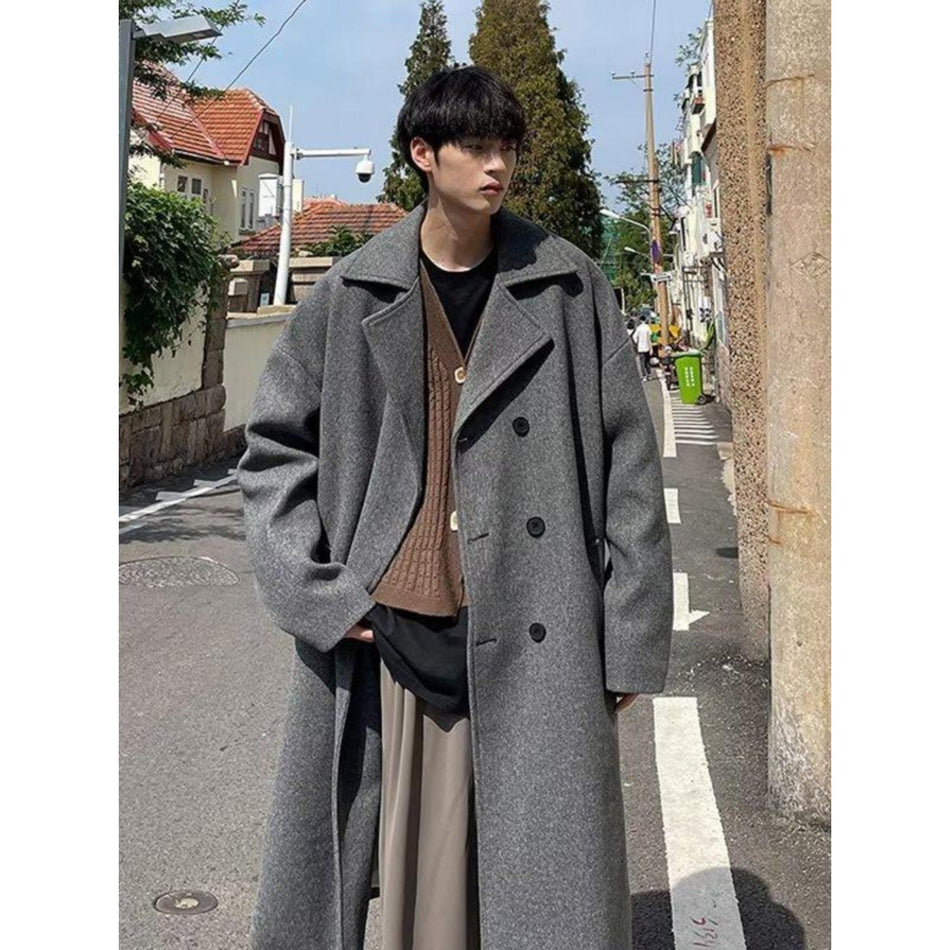Men's Dark Gray Woolen Mid-Length Double-Breasted Winter Coat
