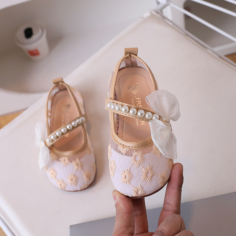 Girls Mesh Bow Pearl Princess Shoes Breathable Summer Flats