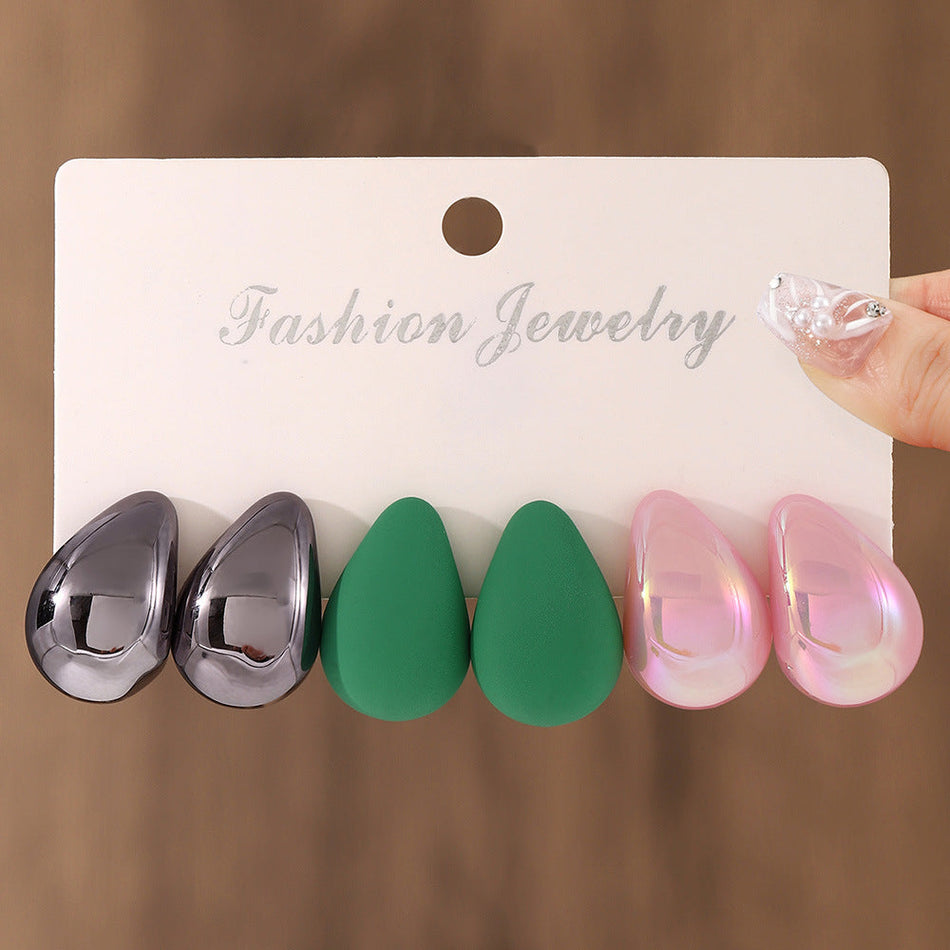 Colorful Geometric Earring Set – Water Drop & Macaron Style