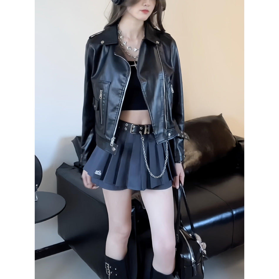 Women’s Short PU Leather Motorcycle Jacket